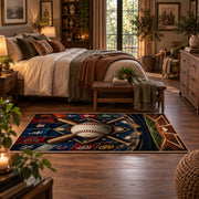 night baseball diamond collage area rug displayed in a bedroom