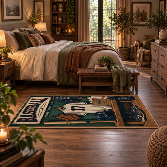 classic baseball locker room scene area rug displayed in a bedroom