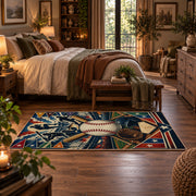crossed bats baseball emblem area rug displayed in a bedroom
