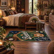 green baseball glove emblem area rug displayed in a bedroom