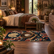 baseball glove crest collage area rug displayed in a bedroom