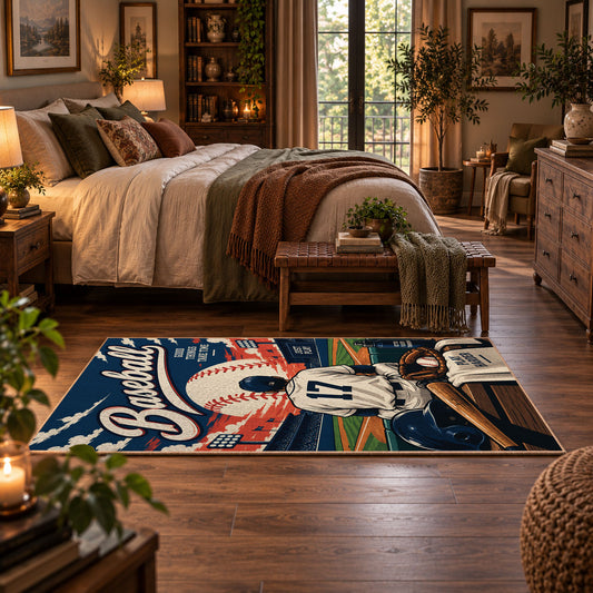 vintage baseball player poster area rug displayed in a bedroom