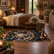 vintage baseball gear collage area rug displayed in a bedroom
