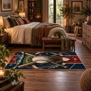 home plate baseball emblem area rug displayed in a bedroom