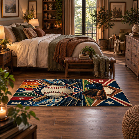 colorful baseball pennant patchwork area rug displayed in a bedroom