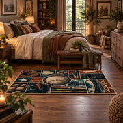 baseball stadium blueprint collage area rug displayed in a bedroom