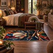 dynamic baseball action collage area rug displayed in a bedroom