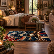 patriotic baseball star emblem area rug displayed in a bedroom