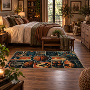 City Skyline Basketball Rug displayed in a main bedroom