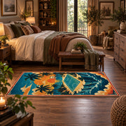 Tropical Island Basketball Court Rug displayed in a main bedroom