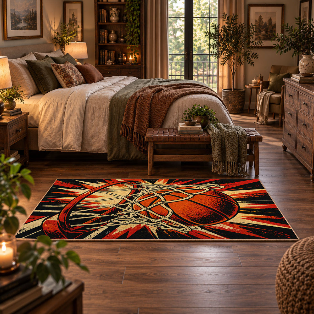 Exploding Basketball Hoop Rug displayed in a main bedroom
