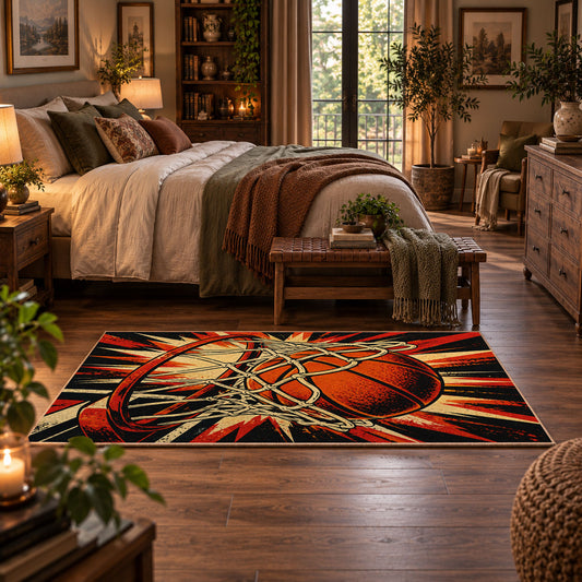 Exploding Basketball Hoop Rug displayed in a main bedroom