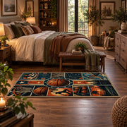 Neon City Basketball Collage Rug displayed in a main bedroom