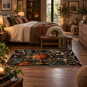Mechanical Basketball Emblem Rug displayed in a main bedroom
