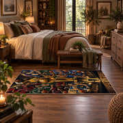 Futuristic Basketball Arena Rug displayed in a main bedroom