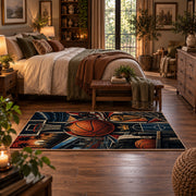 Basketball Hoop Collage Rug displayed in a main bedroom