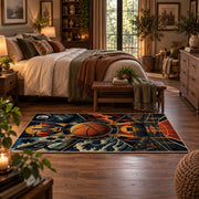 Sunset Skyline Basketball Hoop Rug displayed in a main bedroom