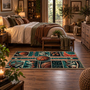 Geometric Basketball Court Collage Rug displayed in a main bedroom