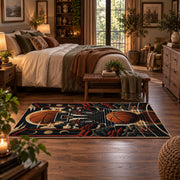 Dark Basketball Equipment Collage Rug displayed in a main bedroom