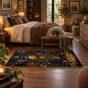Golden Basketball Trophy City Rug displayed in a main bedroom