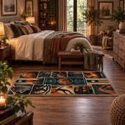 Basketball Court Grid Collage Rug displayed in a main bedroom