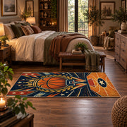 Orange Star Basketball Court Rug displayed in a main bedroom