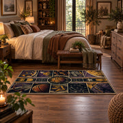 Purple Star Basketball Collage Rug displayed in a main bedroom