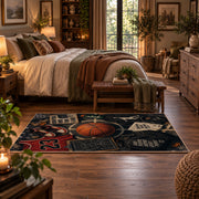 Dark Street Basketball Chalk Rug displayed in a main bedroom