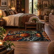 Mythic Basketball Emblem Rug displayed in a main bedroom