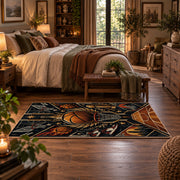 Golden Winged Basketball Rug displayed in a main bedroom