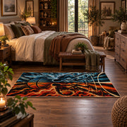 Fire and Ice Basketball Rug displayed in a main bedroom