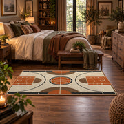 Minimal Basketball Court Diagram Rug displayed in a main bedroom