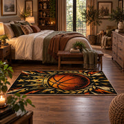 Comic Burst Basketball Rug displayed in a main bedroom