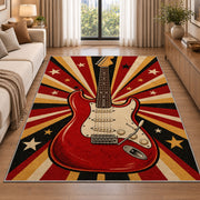 retro red electric guitar rug in a bright living room with a sofa