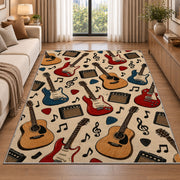 guitar pattern rug in a bright living room with a sofa