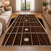 guitar fretboard rug in a bright living room with a sofa