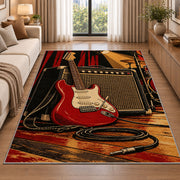 electric guitar and amp stage rug in a bright living room with a sofa