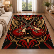 crossed guitars rock emblem rug in a bright living room with a sofa