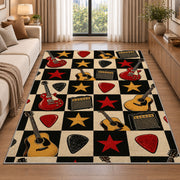 checkered rock guitar rug in a bright living room with a sofa