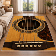 acoustic guitar soundhole rug in a bright living room with a sofa