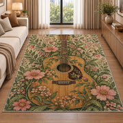 boho guitar and wildflowers rug in a bright living room with a sofa