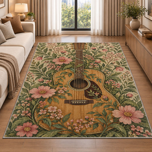 boho guitar and wildflowers rug in a bright living room with a sofa
