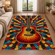 guitar pick mosaic rug in a bright living room with a sofa