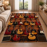 guitar shop wall rug in a bright living room with a sofa