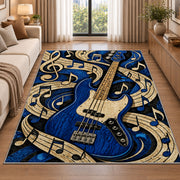 blue bass guitar rug in a bright living room with a sofa