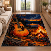 campfire guitar night rug in a bright living room with a sofa