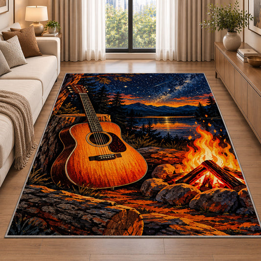 campfire guitar night rug in a bright living room with a sofa