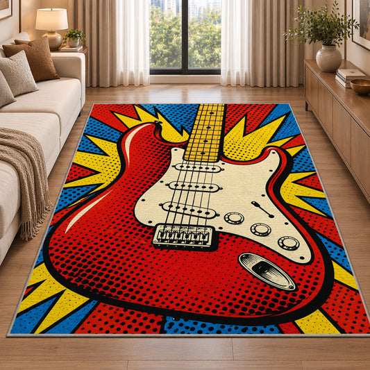 pop art electric guitar rug in a bright living room with a sofa