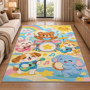 kids animal band rug in a bright living room with a sofa