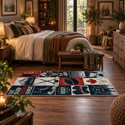 Classic Hockey Collage Rug displayed in a main bedroom